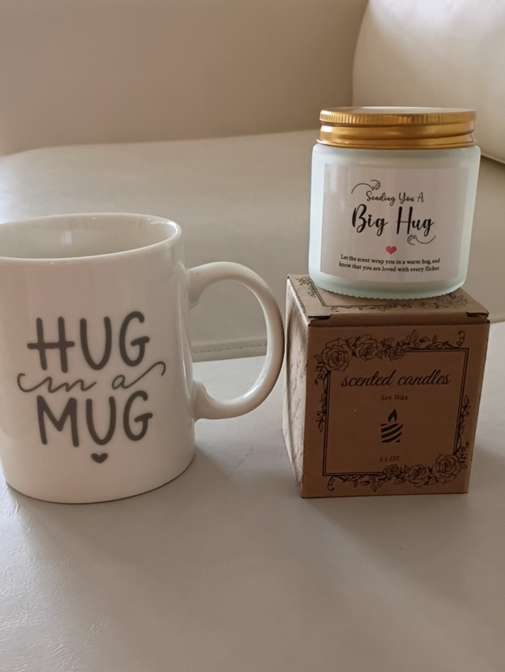 Hug in a Mug Ceramic Mug & 'Big Hug' Scented Candle Set - White & Gold